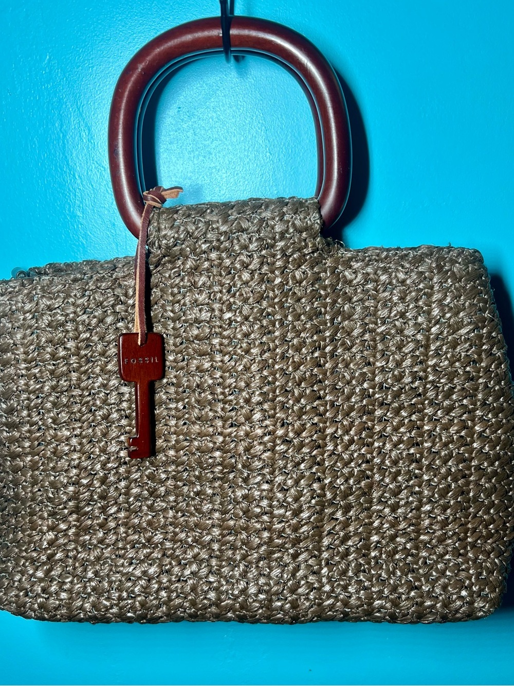 Fossil Natural Straw Tote with Brown Handles and Key Charm